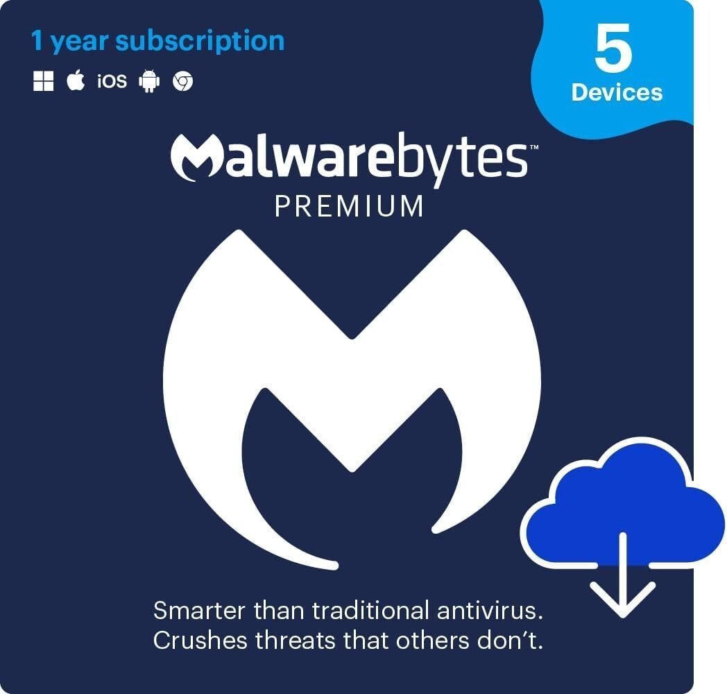 Malwarebytes Premium | 1 Year, 5 Device | Windows, Mac OS, Android, Apple iOS, Chrome [Online Code]