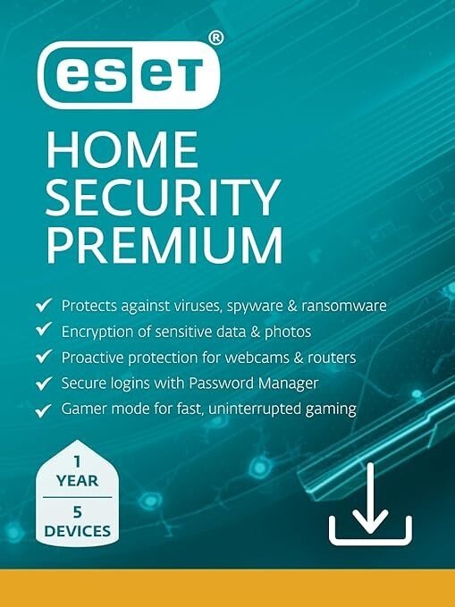 ESET Home Security Premium | Antivirus | 2025 Edition | 5 Devices | 1 Year| Password Manager | Privacy Protection | Ransomware | Anti-Theft | Digital Download [PC/Mac/Android]