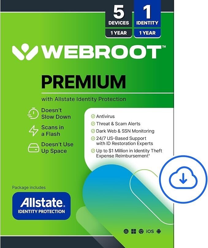 Webroot Premium 2025 with Allstate Identity Protection | 5 Device, 1 Year | Antivirus and Internet Security Software, Advanced Dark Web Monitoring, Password Manager | NEW [Online Code]