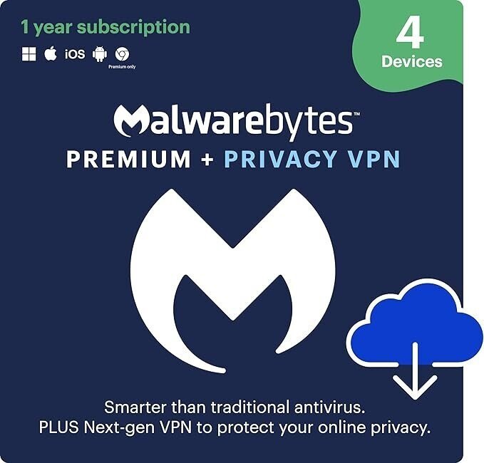 Malwarebytes Premium + Privacy VPN bundle | 1 Year, 4 Devices | Windows, Mac OS, Android, Apple iOS, Chrome [Online Code]