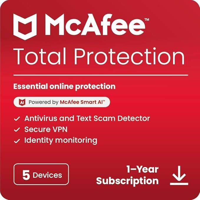 McAfee Total Protection 5-Device 2025 Ready | Security Software Includes Antivirus, Secure VPN, Password Manager, Identity Monitoring | Download