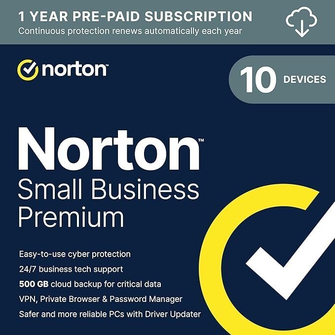 Norton Small Business Premium 2025, Business Cybersecurity with Antivirus for 10 Devices Plus 24/7 Business Tech Support, 500GB PC Cloud Backup, Password Manager [Download]