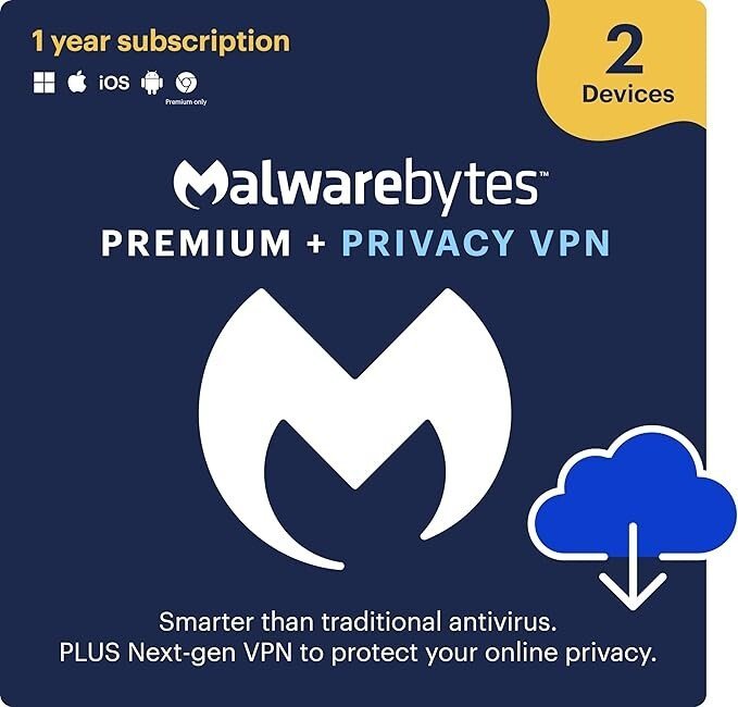 Malwarebytes Premium + Privacy VPN bundle | 1 Year, 2 Devices | Windows, Mac OS, Android, Apple iOS, Chrome [Online Code]